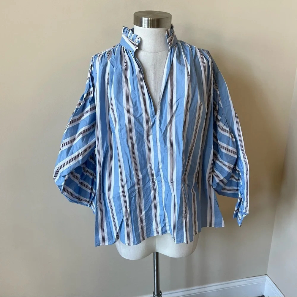 Maje Lavia striped ruffle collar woven long sleeve shirt 13489 - Picture 5 of 12